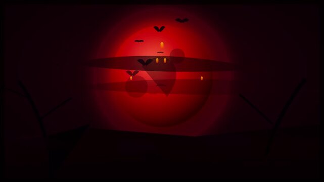 Spooky Red Moon Night Background with Silhouetted Bats