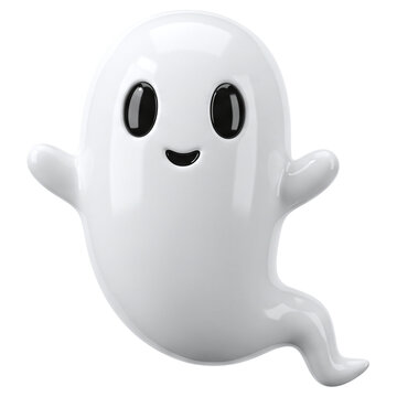 Friendly white ghost character with happy smile 3d render isolated on transparent background clipart