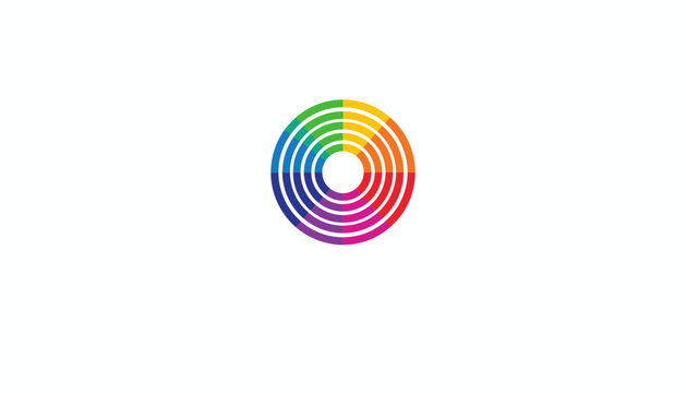 Vibrant abstract circular rainbow vortex design element composed of concentric multi colored rings on pure white backdrop.