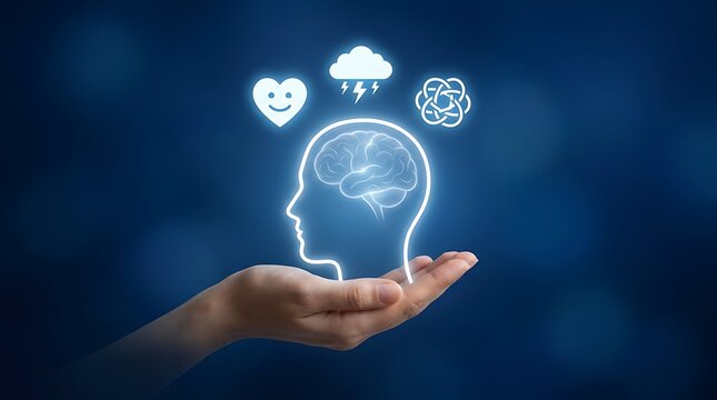 Mental health concept with glowing human head and brain icons. Hand holding psychological wellness symbols. Neurology and emotional intelligence.