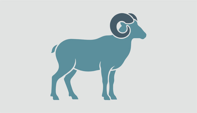Majestic mountain ram silhouette with large curled horns standing in side profile view on clean light grey backdrop.