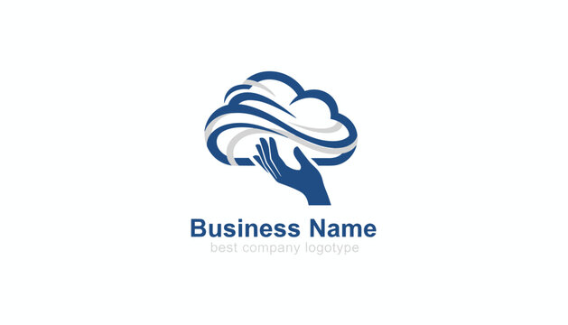 Elegant corporate logo design showing a blue hand holding up a cloud representing storage, security, or caring service.