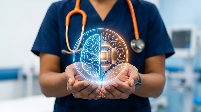 Medical AI brain interface, doctor holding digital human brain hologram, neurology technology and healthcare innovation concept