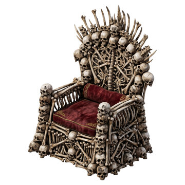 Macabre bone throne 3d render crafted from skulls and skeletons isolated