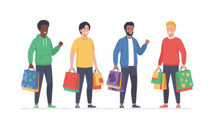 Fototapeta premium Four diverse male friends holding colorful shopping bags and smiling together on a white background.