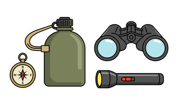 Outdoor survival and camping equipment set with a golden compass, green military canteen, binoculars, and flashlight.