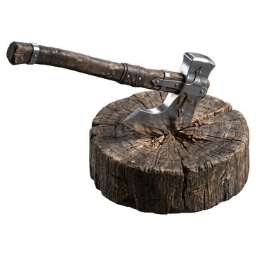 Rustic axe embedded in weathered wood log isolated on transparent background as 3d render clipart