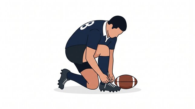 Vector illustration of a rugby player tying shoelaces on a white background, perfect for marketing, logo, and design projects