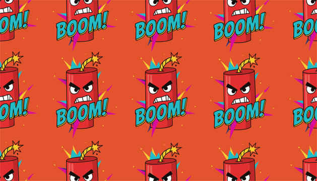 Seamless pattern of red firecracker dynamite sticks with angry expressions and comic book boom text on an orange background.