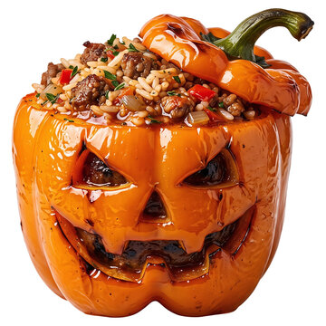 Stuffed pepper shaped like jack o lantern pumpkin 3d render isolated on transparent background clipart