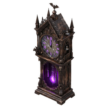 Vintage gothic grandfather clock with purple glowing magic portal isolated on transparent background 3d render clipart
