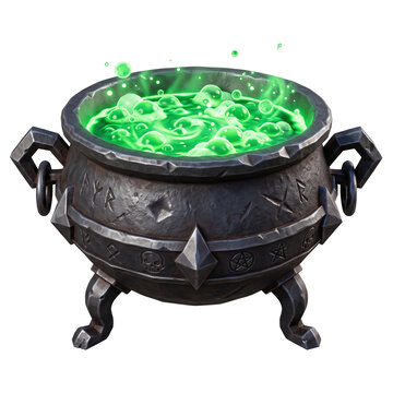 Witch cauldron with bubbling green potion and runic engravings 3d render isolated on transparent background clipart