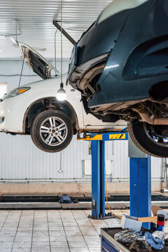 Automotive workshop with cars on hydraulic lifts for repair, inspection, maintenance and garage service.
