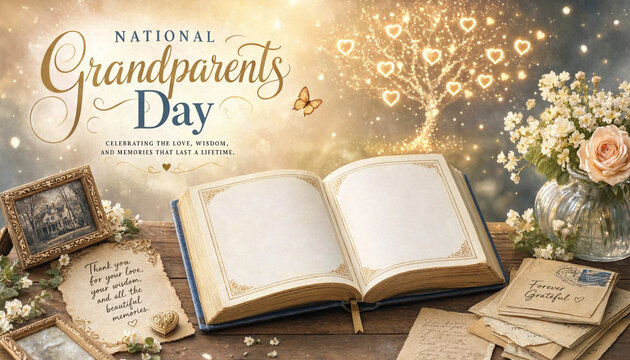 National grandparents day celebration banner with open photo album and family memories tree