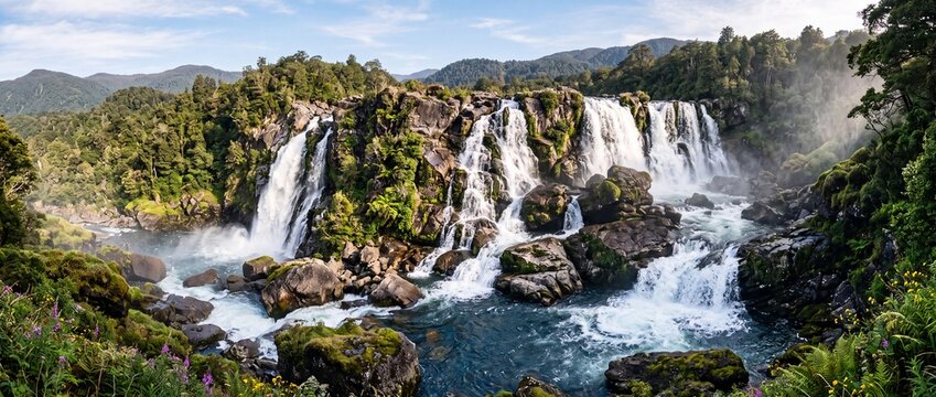 A very wide and high waterfall with multiple cascades
