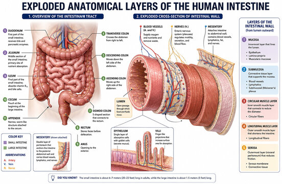 Exploded Human Intestine Anatomy Showing Intestinal Wall Layers, Villi, Blood Vessels and Digestive Tract