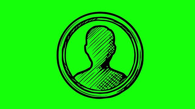 hand drawn style black fill user profile icon animation featuring a line boil effect on a green screen chroma key background