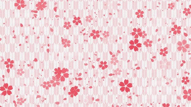 桜01 小 赤 紙吹雪 赤 下降 パターン01 エ霞 矢絣02 ループ （淡い赤 背景）