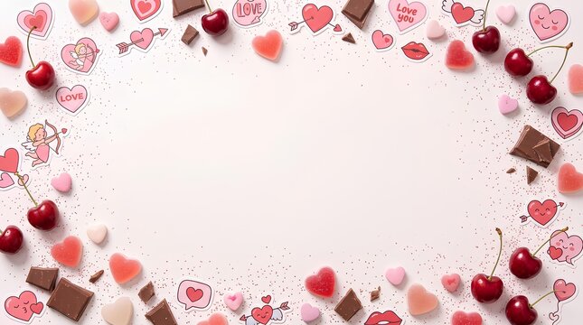 Valentine's Day love background with hearts, cherries, chocolate and romantic border on soft pink copy space