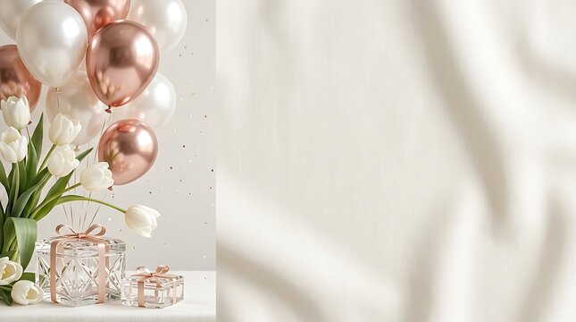 Elegant happy birthday background with rose gold balloons and white flowers for a festive celebration greeting card