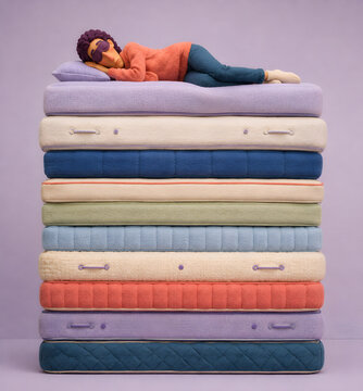 Sleeping Woman on Tall Stack of Mattresses Wearing Sleep Mask