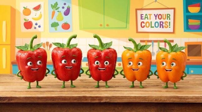 Cute bell pepper characters in kitchen, anthropomorphic vegetable mascots for kids nutrition, healthy eat your colors concept