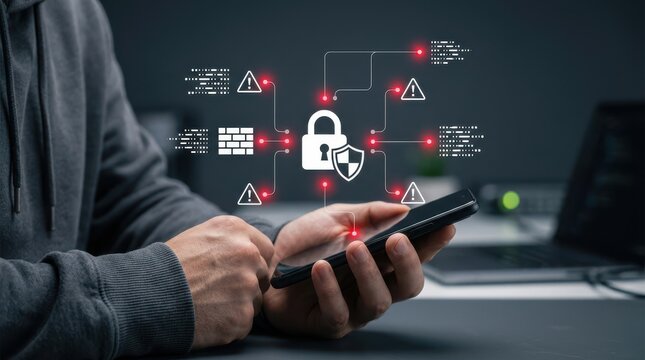Person in hoodie holding smartphone with glowing cybersecurity lock and firewall icons in a dark tech environment Wallpaper Background image