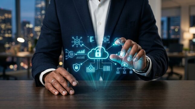Business professional using holographic digital interface with security icons