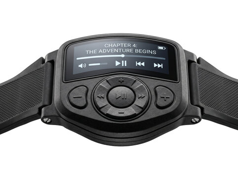 Smart audiobook player wearable device displaying media playback screen with tactile buttons for control, modern rugged electronic gadget for listening to books on the go. Isolated on black.