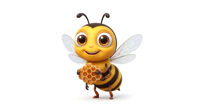 Cute cartoon honey bee character holding honeycomb, friendly 3D bumblebee mascot, cheerful yellow insect on white background
