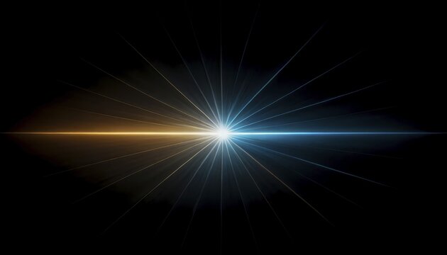 Horizontal amber and blue rays meeting at a central point on a dark background, AI generated