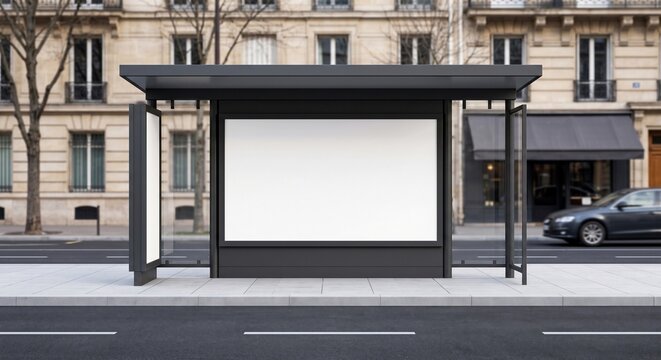 Blank white horizontal billboard mockup on a modern bus stop shelter in a clean European city street.
