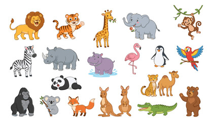 Obraz premium Cute Zoo Animal Character Vector Illustration Set with Happy Jungle and Safari Wildlife Icons for Kids Nursery Decoration and Back to School Educational Designs