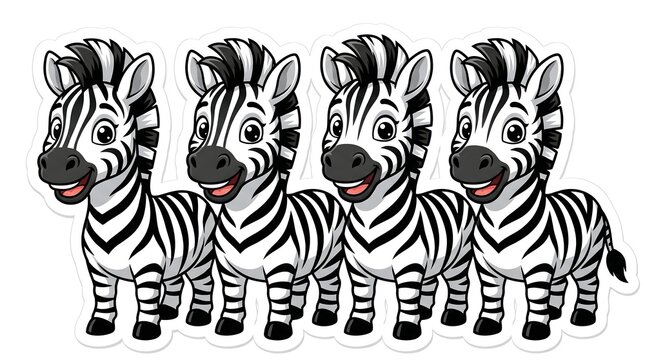 Cartoon zebra sticker set, four cute baby zebras with black and white stripes, playful safari animal characters for kids