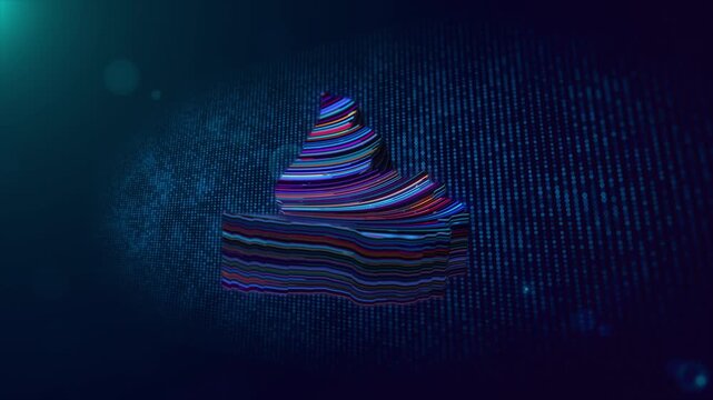 Abstract motion graphics background showing a glowing 3D Liechtenstein map reveal with colorful flowing neon lines, futuristic digital grid, particles, depth of field, light flare, and bokeh.