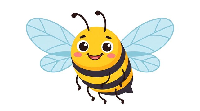 Cute honey bee cartoon character, happy bumblebee illustration with wings, friendly yellow insect mascot for children education