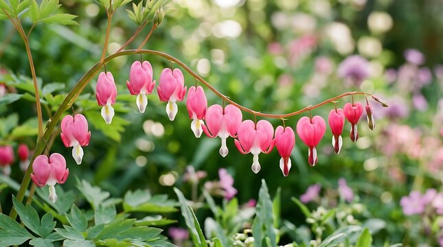 Pink bleeding heart flowers in a lush garden
