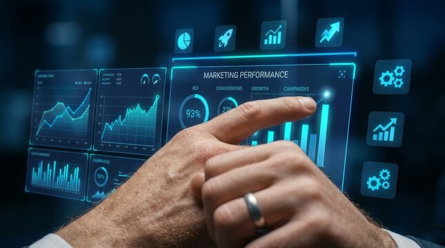 Hand interacting with holographic marketing performance dashboard