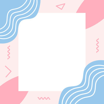 Cute Memphis geometric frame background. Pink and blue vector border design. Modern abstract shape graphic template. Playful decorative illustration artwork with geometric background abstract