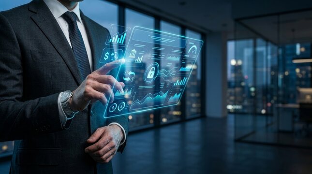 Business professional interacting with holographic financial data interface