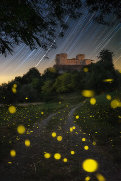 View of Torrechiara Castle illuminated at night with star trails in the sky and fireflies glowing along a dirt path in Torrechiara, Emilia-Romagna, Italy.
