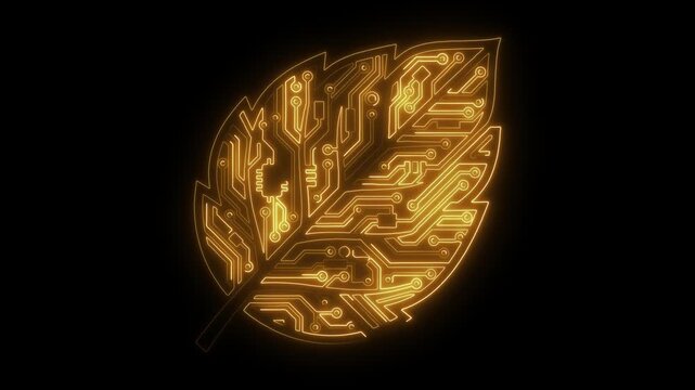 Glowing electronic circuit board leaf shape on black