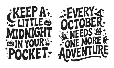 Fototapeta premium Set of two handlettered halloween typography designs featuring pumpkins bats ghosts haunted houses and moon illustrations for festive seasonal apparel printing