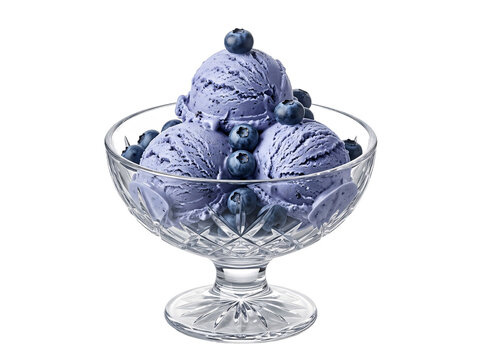 Delicious blueberry ice cream scoops served in a glass bowl with fresh blueberries on a black background