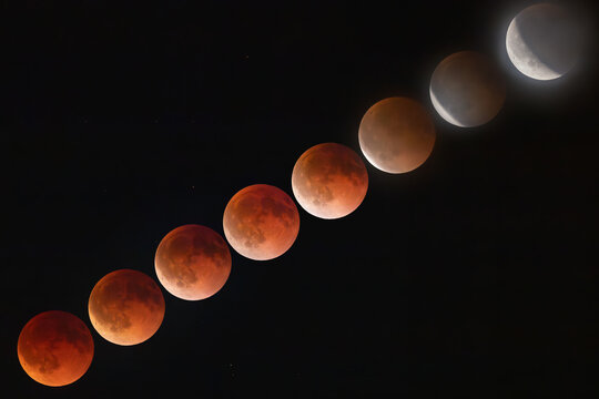 View of the progression of a lunar eclipse showing the moon transitioning through different phases against the dark night sky in Porto San Giorgio, Fermo, Italy.