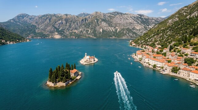 Aerial view of perast and our lady of the rocks in montenegro