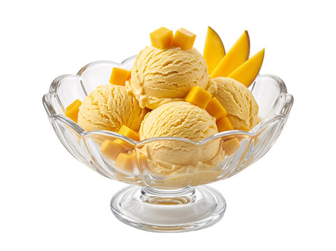 Delicious mango ice cream scoops in a glass bowl with fresh diced fruit on a black background