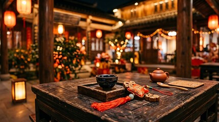 Obraz premium China National Day Chinese National Day Evening courtyard with tea set and Chinese New Year decorations tea, teapot, teacup, chinese new