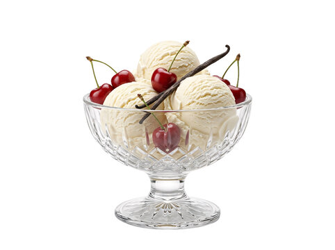 Delicious vanilla ice cream with bright red cherries and a vanilla bean in a glass bowl on a black background