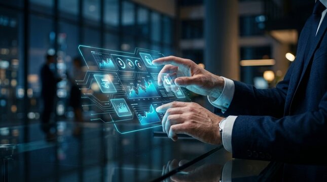 Person using augmented reality holographic interface with hand gestures